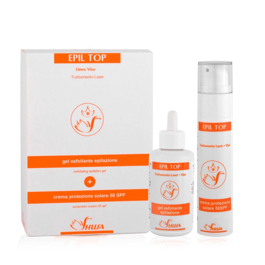 Kit composto da Gel esfoliante epilazione + crema protezione solare 50 SPF